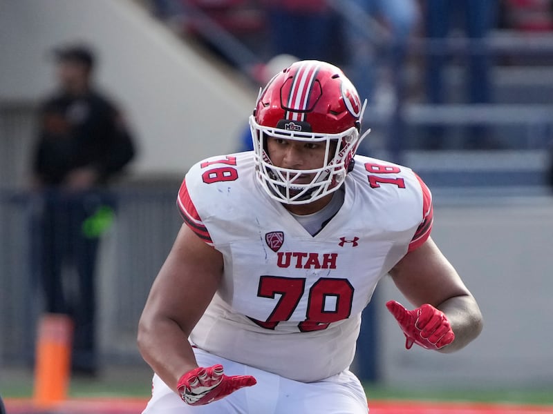 Utah offensive lineman Sataoa Laumea in action during a game against Arizona on Saturday, Nov. 18, 2023, in Tucson, Ariz.