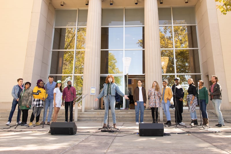 Caroline Innerbichler, center, and the cast of “Shucked.”