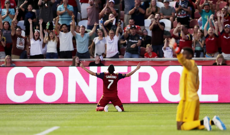 Real Salt Lake forward Jefferson Savarino (7) celebrates after scoring a goal as Real Salt Lake and New York City FC play at Rio Tinto Stadium in Sandy on Saturday, Aug. 3, 2019.