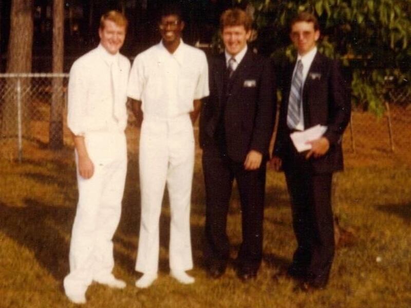 From left, Elder Keven Burton, Keith Hamilton, Elder Bret LeSuere and Elder Scott Stevenson on Hamilton's baptism day, Aug. 24, 1980.