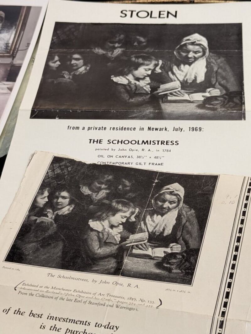 Copy of a historical flyer that shows the John Opie painting, “The Schoolmistress”, and lists a reward for its recovery. 