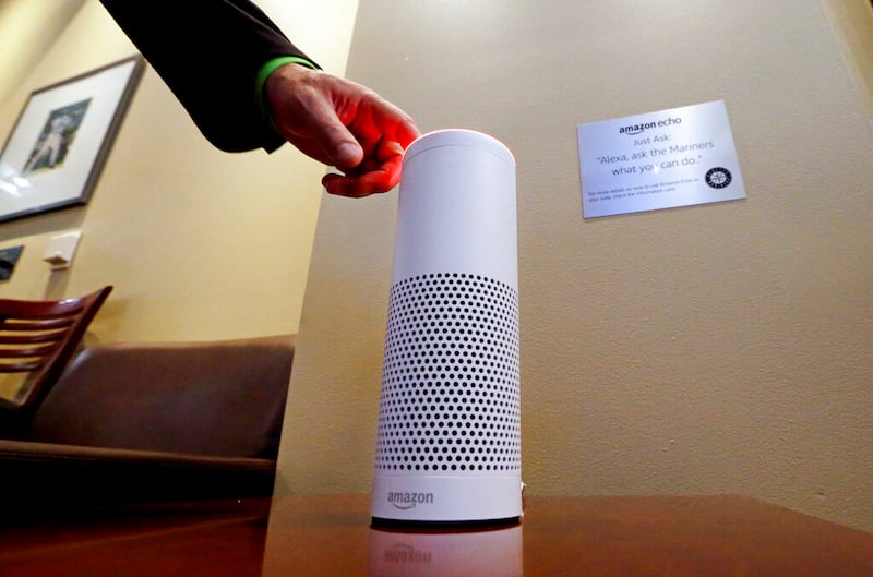 An Amazon Alexa device is switched on for a demonstration in Seattle.