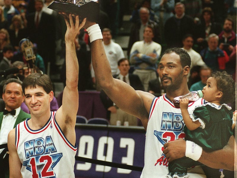 John Stockton and Karl Malone celebrate co-mvp in the Feb. 1993 NBA All-Star game. photo by Tom Smart