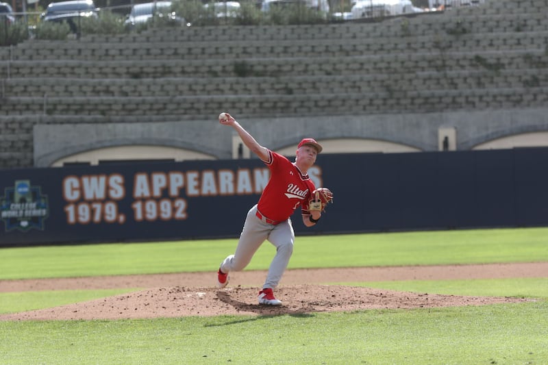 Utah pitcher Colter McAnelly delivers a pitch during game against Pepperdine in the season opener on Feb. 14, 2025, at Eddy D. Field Stadium.