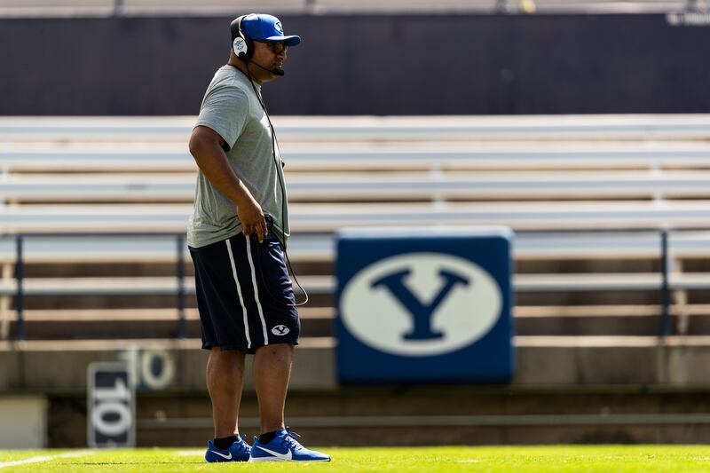 BYU head coach Kalani Sitake looks on during the Cougars’ scrimmage at LaVell Edwards Stadium on Saturday, Aug. 10, 2019.