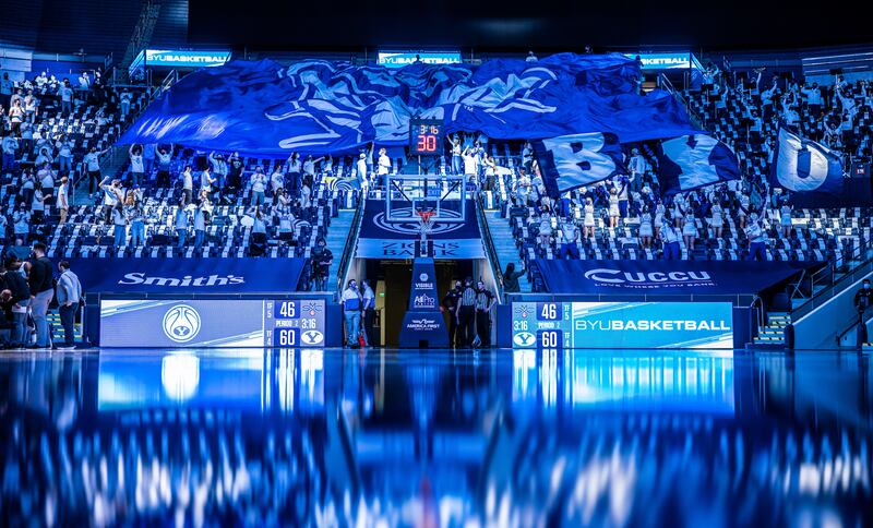 Fans cheer on the Cougars in that Marriott Center during game Feb. 27, 2021, vs. Saint Mary’s.