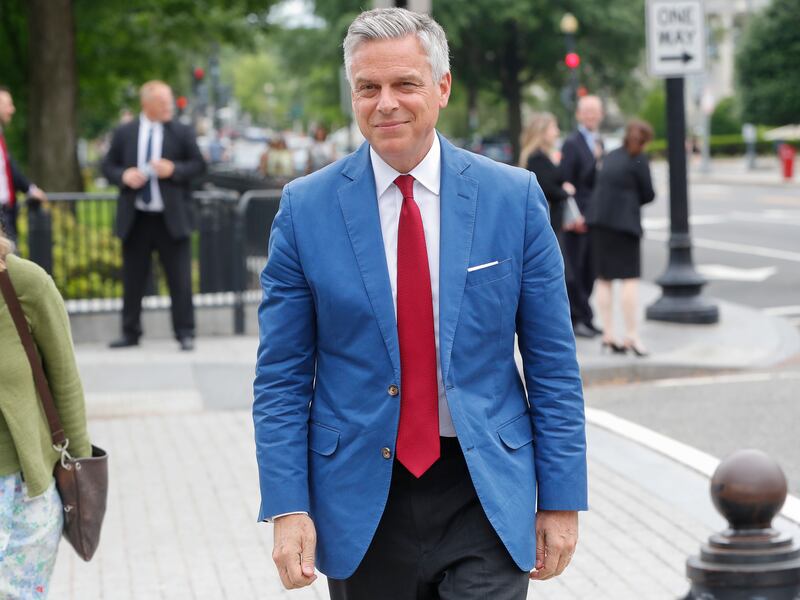 FILE - Jon Huntsman, U.S. ambassador to Russia, is seen arriving at the security check point entrance of the White House in Washington, Wednesday, May 30, 2018. Former Utah Gov. Jon Huntsman Jr., now the U.S. ambassador to Russia, said Thursday he's not t