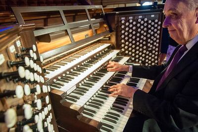 Clay Christiansen, the Tabernacle organist, sits at the organ inside of the Tabernacle on Temple Square in Salt Lake City on Monday, April 9, 2018.