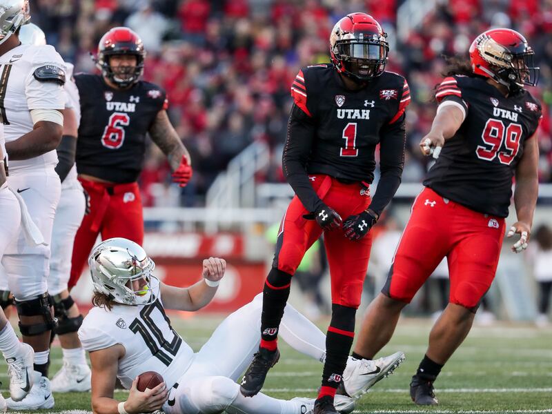 Utah Utes defensive back Jaylon Johnson (1) celebrates after sacking Oregon Ducks quarterback Justin Herbert (10) during the game at Rice-Eccles Stadium in Salt Lake City on Saturday, Nov. 10, 2018.