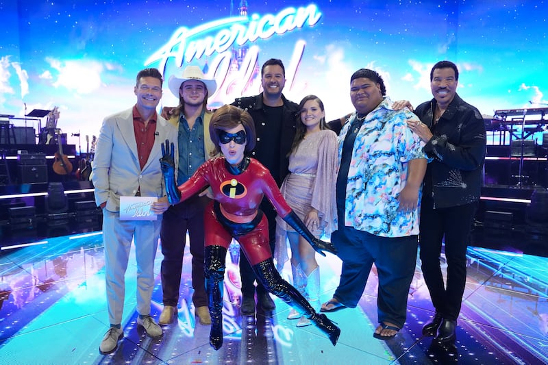 The top three singers on “American Idol,” Colin Stough, Megan Danielle and Iam Tongi, are pictured with “Idol” host Ryan Seacrest and judges Katy Perry, Luke Bryan and Lionel Richie.