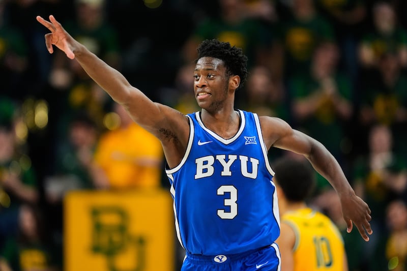 BYU forward AJ Dybantsa celebrates his 3-pointer during game against Baylor Tuesday, Feb. 10, 2026, in Waco, Texas.