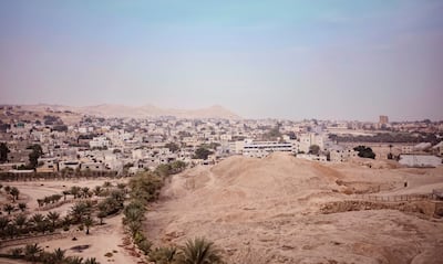 The sunset view of the ruin city wall and historic city Jericho.