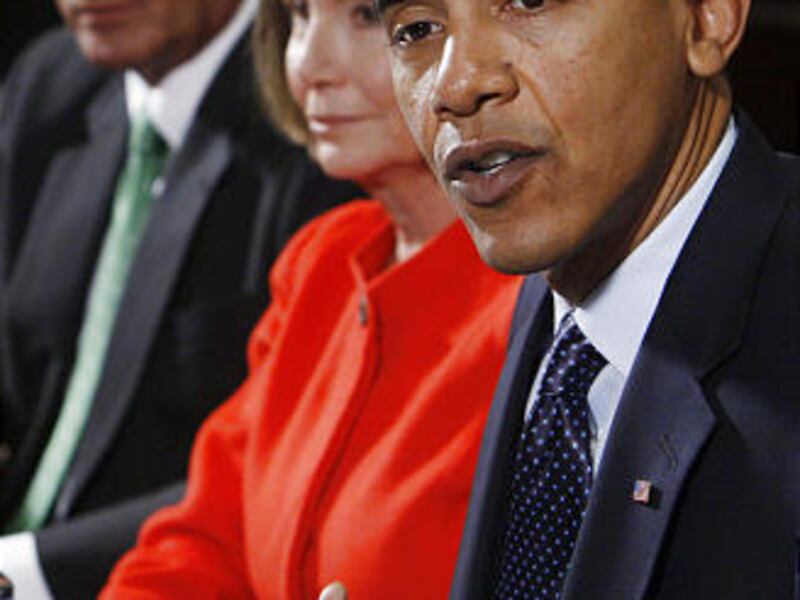 President Barack Obama, along with House Speaker Nancy Pelosi and House GOP Leader John Boehner, speaks to media at the White House.