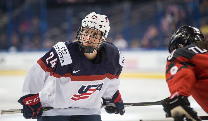 United States' Amanda Kessel prepares for a face off during the second period of the Four Nations Cup championship hockey game against Canada in Tampa, Fla., Sunday, Nov. 12, 2017.