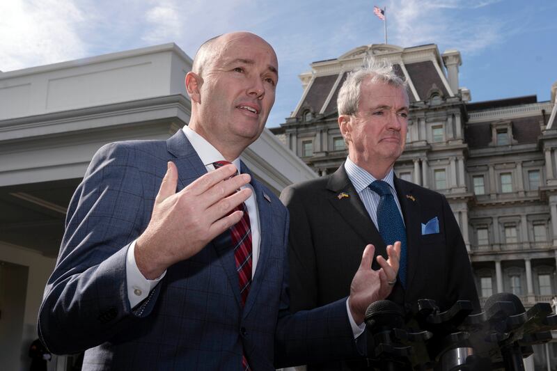 Utah Gov. Spencer Cox and New Jersey Gov. Phil Murphy speak to reporters after meeting with President Joe Biden.