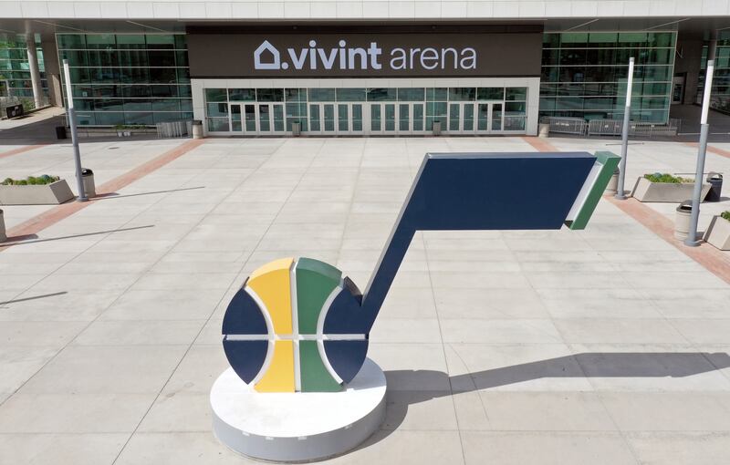 The Vivint Arena and the J-Note sculpture are pictured in Salt Lake City on Tuesday, May 24, 2022.