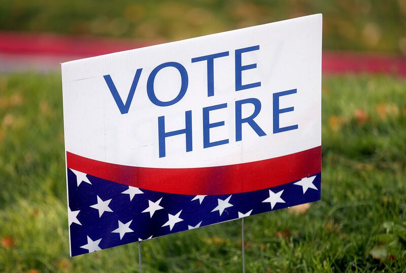 A “vote here” sign is pictured in Salt Lake City.