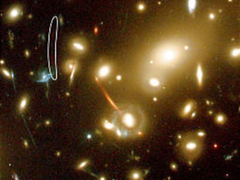 A faint galaxy, in circled area, may be the farthest known object from Earth at 13 billion light-years away.