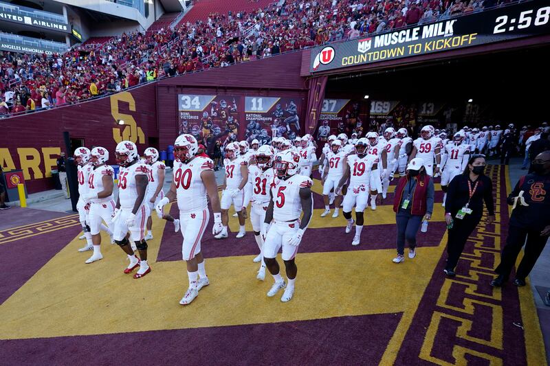Utah players enter the field before against Southern California Saturday, Oct. 9, 2021, in Los Angeles.
