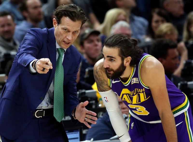 Utah Jazz head coach Quin Snyder talks to Utah Jazz guard Ricky Rubio (3) during an NBA basketball game at the Vivint Arena in Salt Lake City on Monday, Nov. 26, 2018. The Jazz lost 121-88.