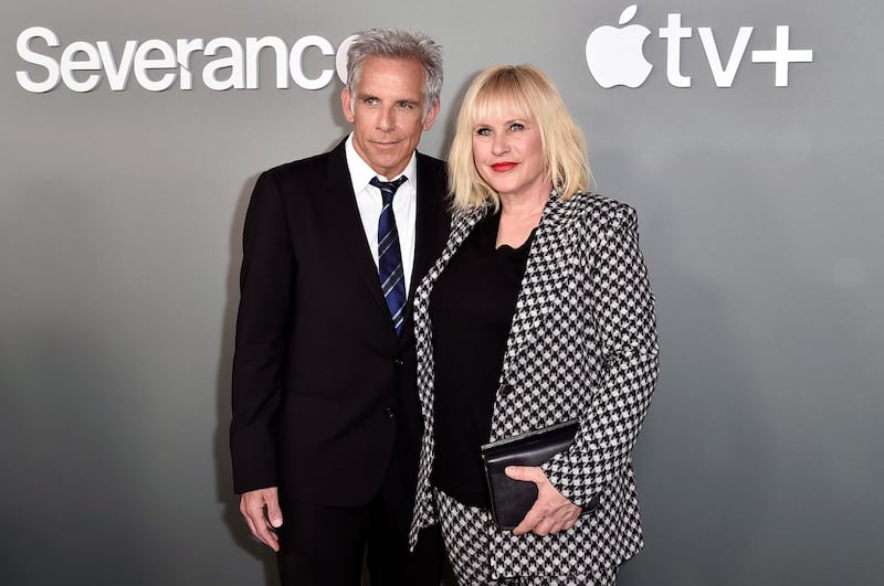 Ben Stiller, Patricia Arquette pose for photo wearing business suits that match ‘Severance’ aesthetic at ‘Severance’ on Apple TV+ premiere