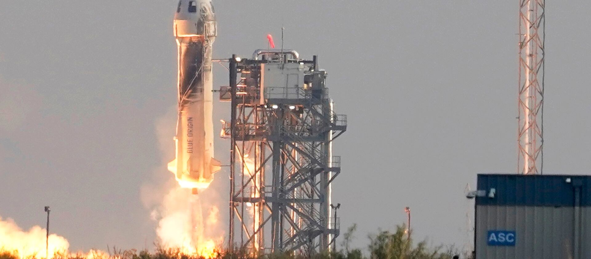 Blue Origin’s New Shepard rocket launches from its spaceport near Van Horn, Texas, on Tuesday, July 20, 2021.