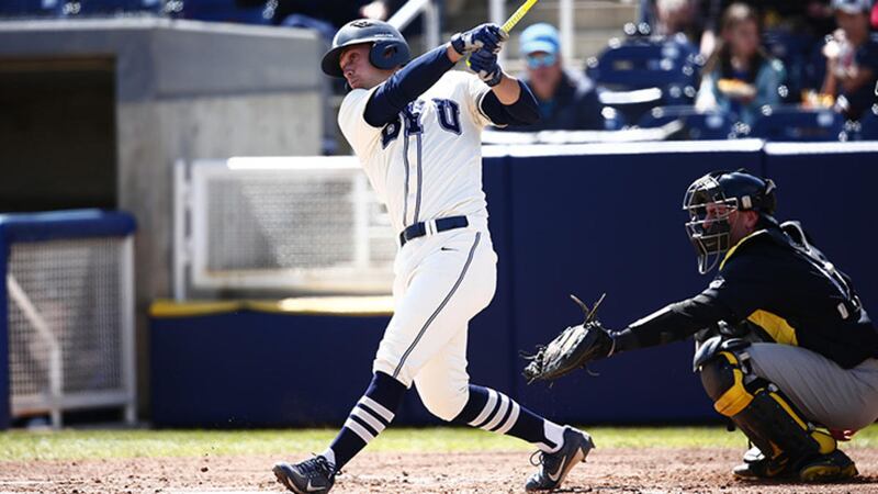 FILE: Bronson Larsen, shown here in an earlier game against Pacific, hit a pair of two-run home runs for BYU in the Cougars' 8-4 win over Saint Mary's in the West Coast Conference Tournament.