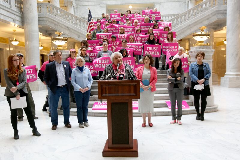 Karrie Galloway, president and CEO of the Planned Parenthood Association of Utah, speaks during a press conference at the Capitol in Salt Lake City on Wednesday, April 10, 2019, where the association announced a lawsuit filed by the ACLU of Utah over a ne