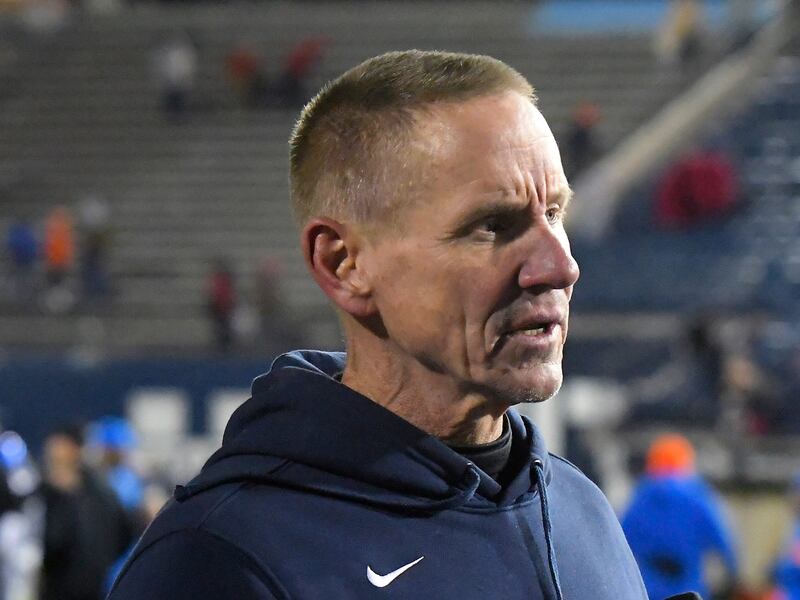 Utah State head coach Gary Andersen walks off the field after losing to Boise State on Nov. 23, 2019, in Logan.