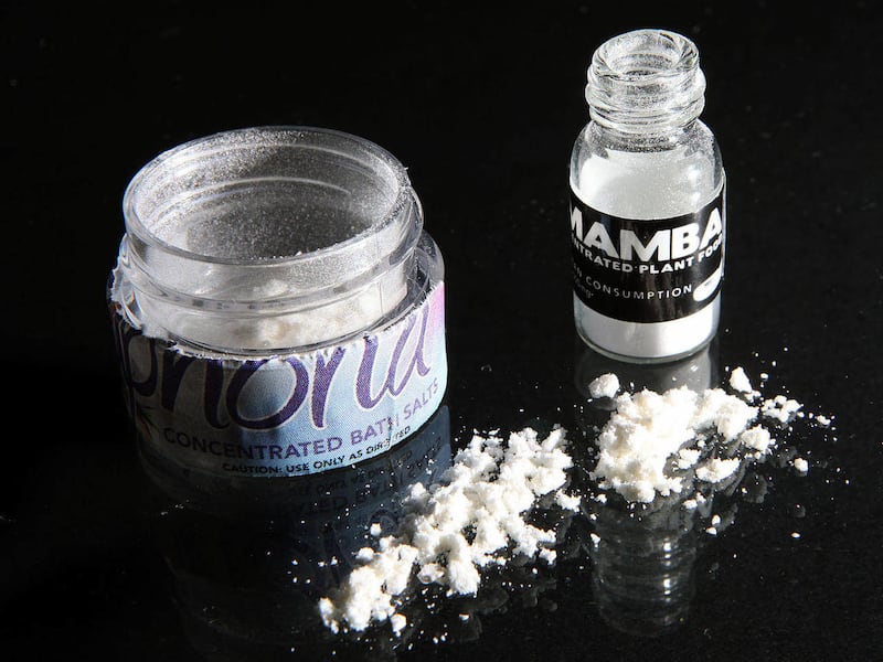 This Jan. 26, 2011 file photo shows containers of bath salts, which are synthetic stimulants that mimic the effects of traditional drugs like cocaine and speed