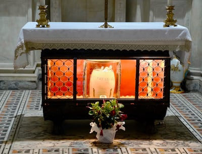 Clay vessel containing the bones of San Gennaro, which are visible at the opening, crypt of Cathedral of San Gennaro, Naples.