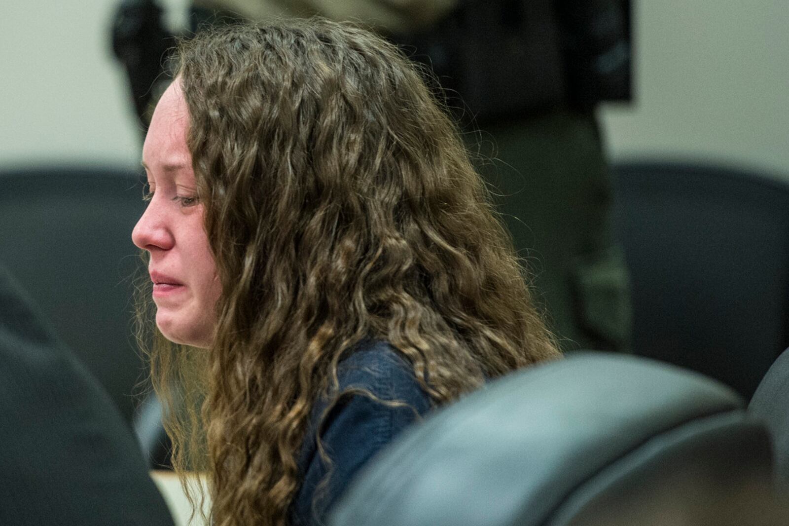 Meagan Grunwald cries in a courtroom.