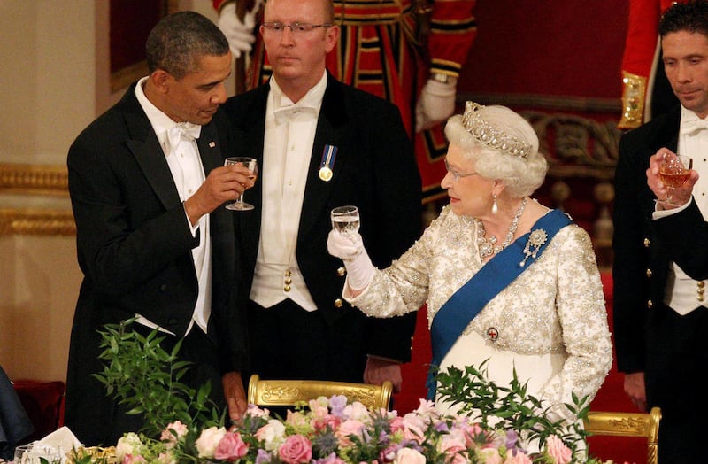 Britain’s Queen Elizabeth II, and U.S. President Barack Obama during a state banquet in Buckingham Palace on May 24, 2011.