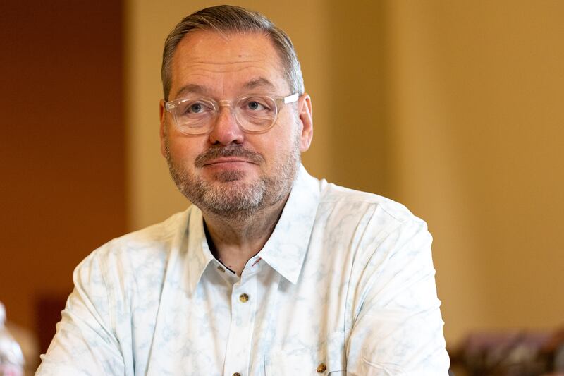 Brad Pelo, executive producer and president of “The Chosen,” talks to news media.