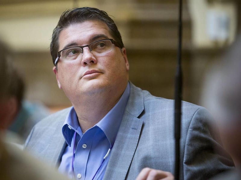 Rep. Francis Gibson, R-Mapleton, looks up into the gallery of the House of Representatives Friday, Jan. 31, 2014.