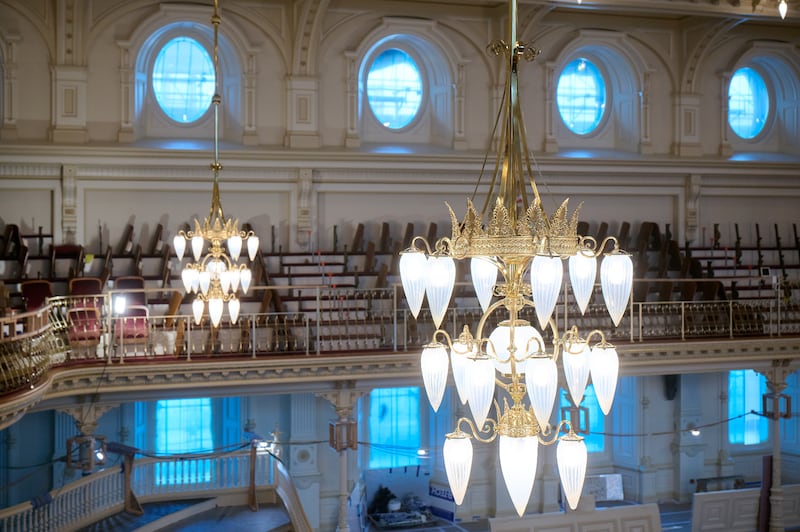 Restored original chandeliers of the Salt Lake Temple are installed in the assembly room inside the sacred structure on Wednesday, Nov. 5, 2025.