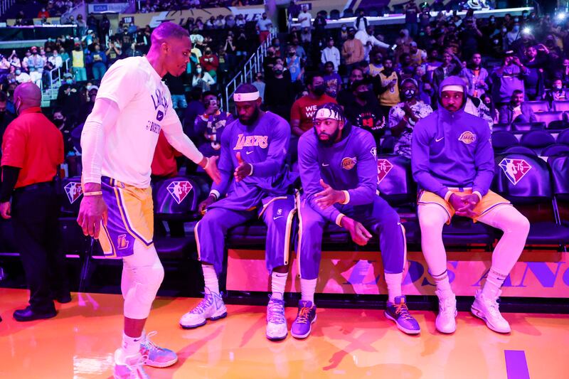 Los Angeles Lakers guard Russell Westbrook greets forwards LeBron James, Anthony Davis and Carmelo Anthony.