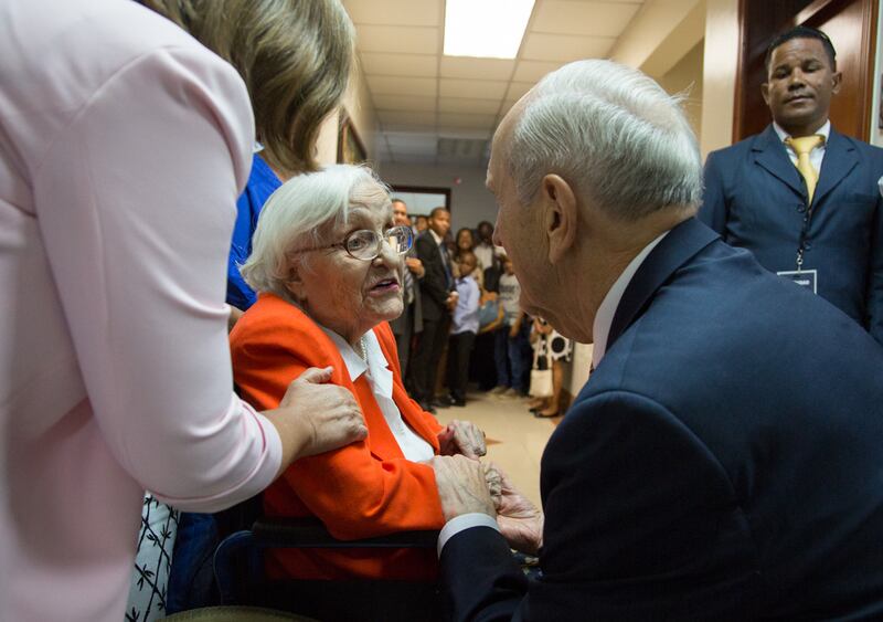 President Russell M. Nelson enjoys an individual moment with a woman who attended the Sept. 1, 2018, member devotional in Santo Domingo, Dominican Republic.