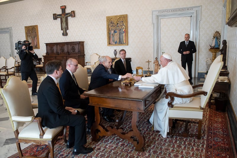 President Russell M. Nelson of The Church of Jesus Christ of Latter-day Saints and President M. Russell Ballard, president of the Quorum of the Twelve Apostles, meet with Pope Francis at the Vatican in Rome, Italy, on Saturday, March 9, 2019.