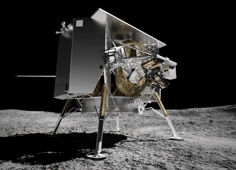This illustration provided by Astrobotic Technology in 2024 depicts the Peregrine lunar lander on the surface of the moon. Its expected launch date is Jan. 8, 2024.