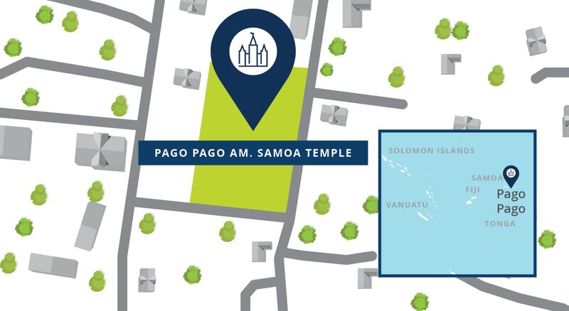 A map shows the location of the Pago Pago American Samoa Temple.