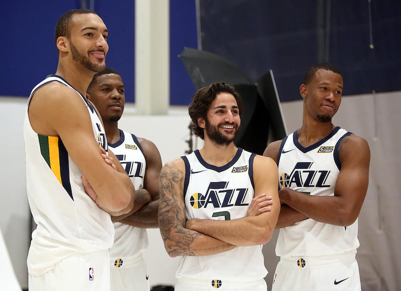 Rudy Gobert, Joe Johnson, Ricky Rubio and Rodney Hood pose for photos during Utah Jazz media day at the Zions Bank Basketball Center in Salt Lake City, on Monday, Sept. 25, 2017.