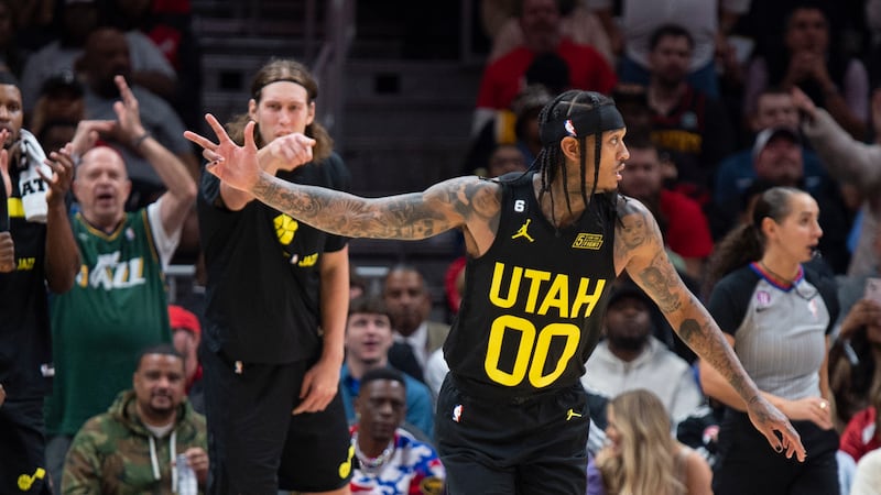 Utah Jazz’s Jordan Clarkson reacts after a 3-pointer during the second half of the team’s NBA basketball game against the Atlanta Hawks on Wednesday, Nov. 9, 2022, in Atlanta. (AP Photo/Hakim Wright Sr.)