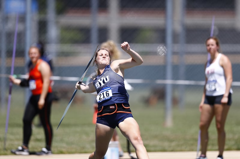 Payge Cuthbertson winds up while competing in the women's javelin at the 2018 NCAA West Prelims.