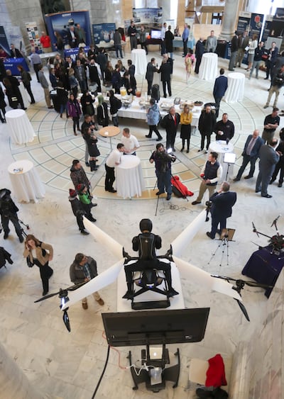A personal flying vehicle from Electrafly, a Utah-based startup company, is displayed during the 2019 Aerospace Day the Capitol Rotunda in Salt Lake City on Monday, Feb. 11, 2019. The demonstration was part the 2019 Aerospace Day, where the Governor’s Off