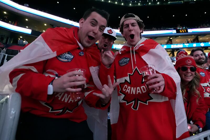 Canadian fans rally prior to the 4 Nations Face-Off championship hockey game, Thursday, Feb. 20, 2025, in Boston.