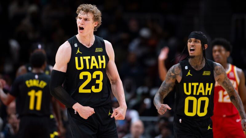 Utah Jazz’s Lauri Markkanen, left, and Jordan Clarkson, right, react during game against the Atlanta Hawks on Wednesday.