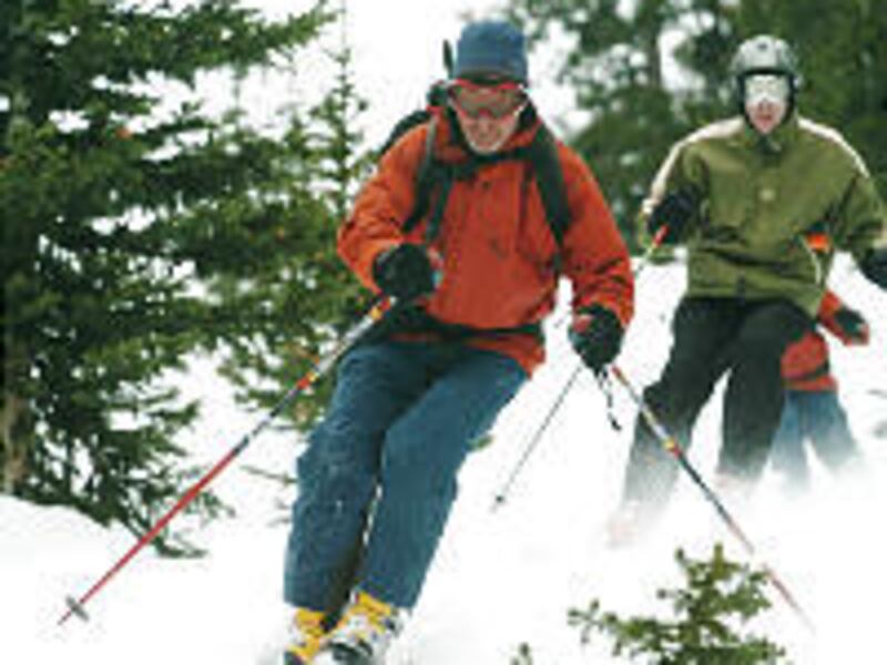 Ski Utah Interconnect guide Rodd Keller, front, skis through the trees while leading a tour group.