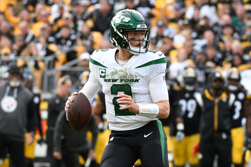 New York Jets quarterback Zach Wilson (2) looks to pass against the Pittsburgh Steelers during the second half of an NFL football game, Sunday, Oct. 2, 2022, in Pittsburgh. The Jets won 24-20.