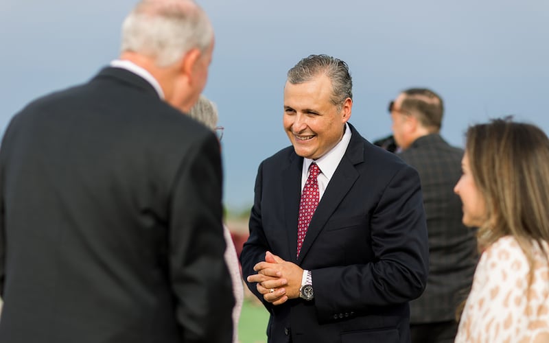 Elder Pedro X. Larreal, a General Authority Seventy and member of the Church’s United States Southwest Area presidency, greets a couple after the groundbreaking ceremony of the Tulsa Oklahoma Temple on Saturday, Aug. 22, 2026, in Tulsa, Oklahoma.